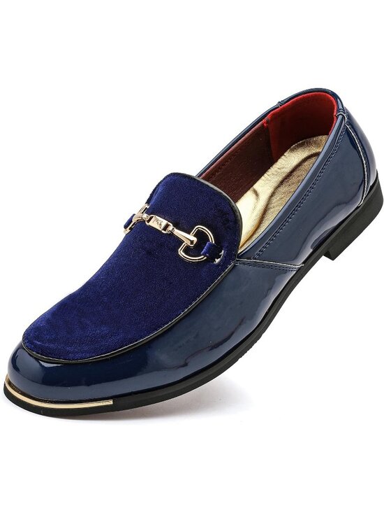 Men\'s Blue Rubber Velvet Patent Leather Loafers Gold Buckle Slip On Luxury Shoes